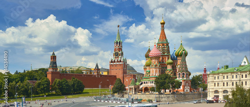 Panoramic view on Moscow Red Square, Kremlin towers, stars and Clock Kuranti, Saint Basil's Cathedral church. Panorama from hotel Russia. Moscow holidays vacation tours famous sightseeing points