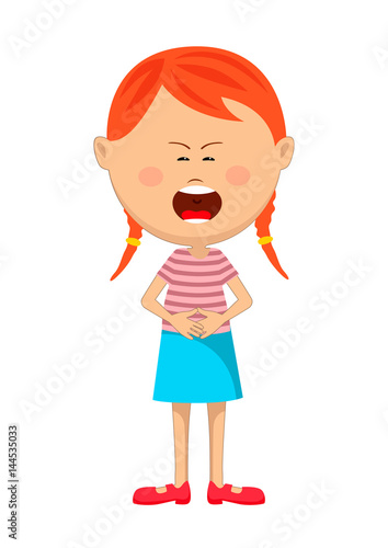 Cute young red haired girl with severe stomach ache or nausea crying