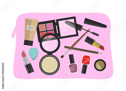 Pink cosmetic bag with flat design colorful cosmetic products - vector illustration