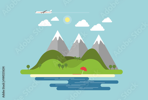 Flat design landscape with island with mountains, hills and beach by the sea and plane flying in the blue summer sky with sun and clouds
