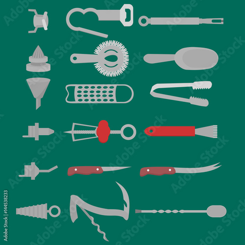 Flat Barman Mixing, Opening and Garnishing Tools. Bartender equipment Opener, Bottle Pourers, Bar spoon. Isolated instrument icon.