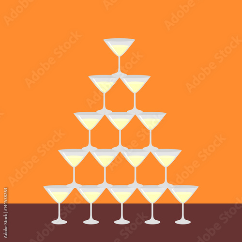 Flat pyramid of glass alcoholic martini, champagne with bubbles isolated, poster for restaurant bar menu. Barman show.