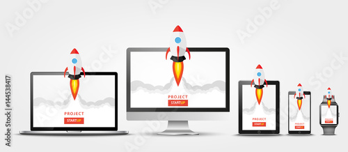 Launching app project on all devices concept. Rocket fly out of monitor, laptop, tablet pc, smart phone and watch. Start up, business idea, isolated on white.