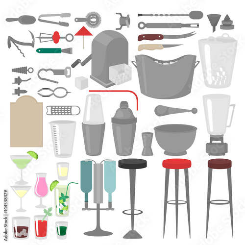 Flat Barman Mixing, Opening and Garnishing Tools. Bartender equipment. Isolated instrument icon