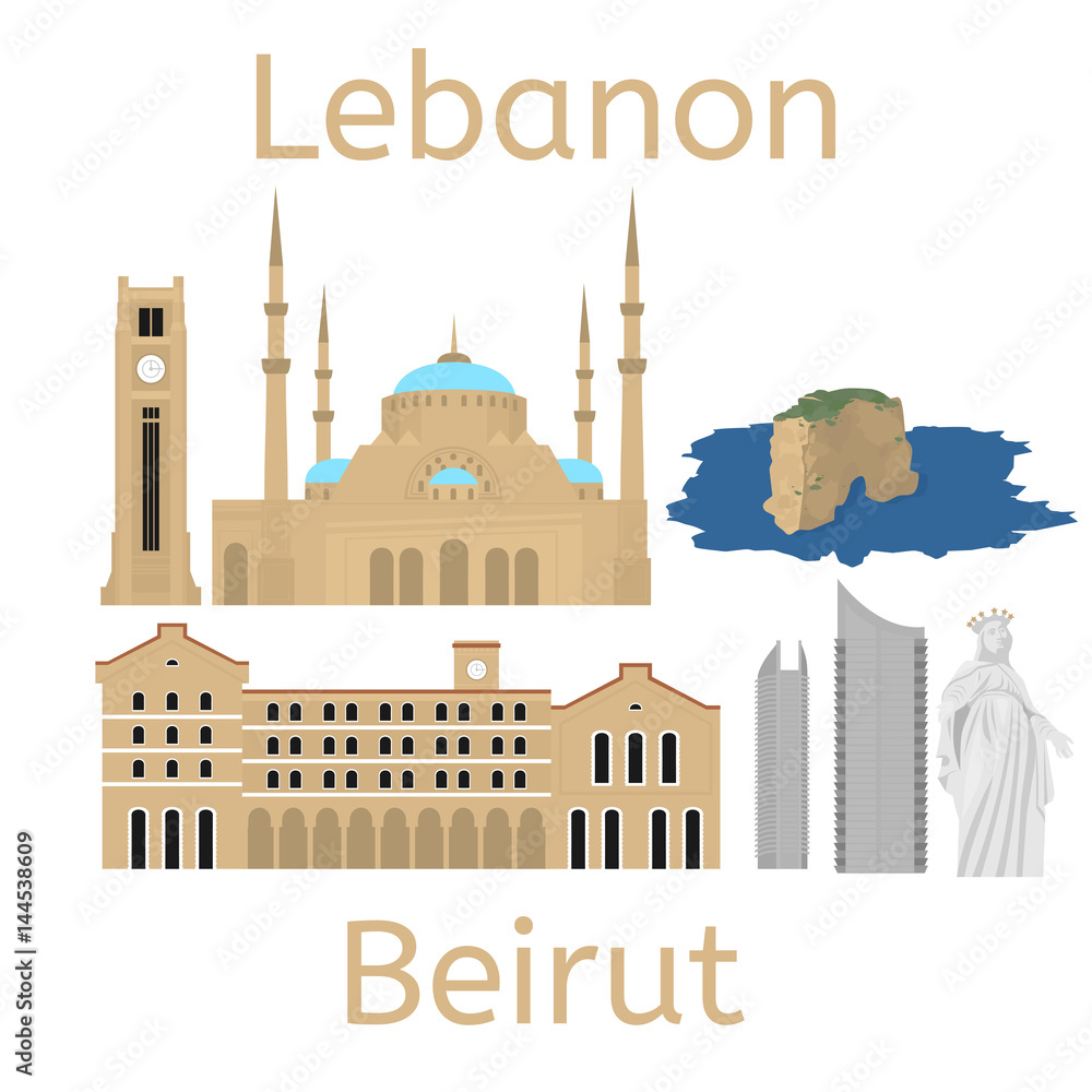 Fototapeta premium Sylwetka panoramę miasta Bejrut. Płaski baner ikony turystyki libańskiej, pocztówka. Koncepcja podróży Libanu. Pejzaż miejski z architekturą zabytków.