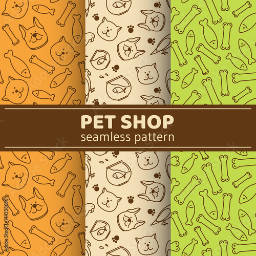 Set of seamless patterns with images of animals: cat, dog, parrot. Templates design paper packaging for pet shop, veterinary clinic.