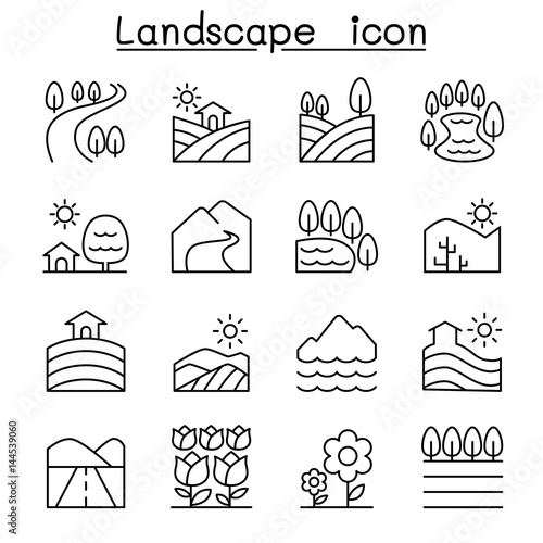 Landscape icon set in thin line style