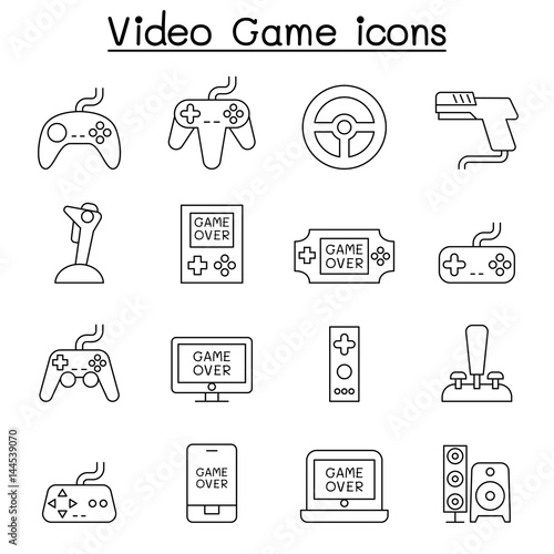 Video Game & Joystick icon set in thin line style