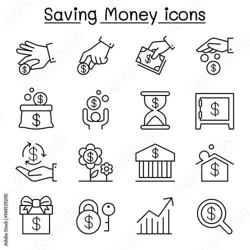 Saving money & Investment icon set in thin line style