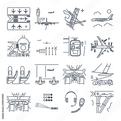 set of thin line icons airport and airplane, terminal, runway, cockpit