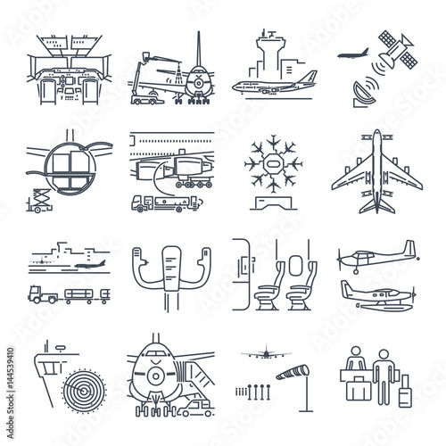 set of thin line icons airport and airplane, control tower, aircraft