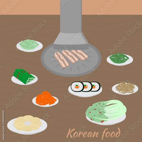 Set of korean food flat design elements. Asian street food menu. Traditional dish kimchi, dumplings, noodle and bibimbap