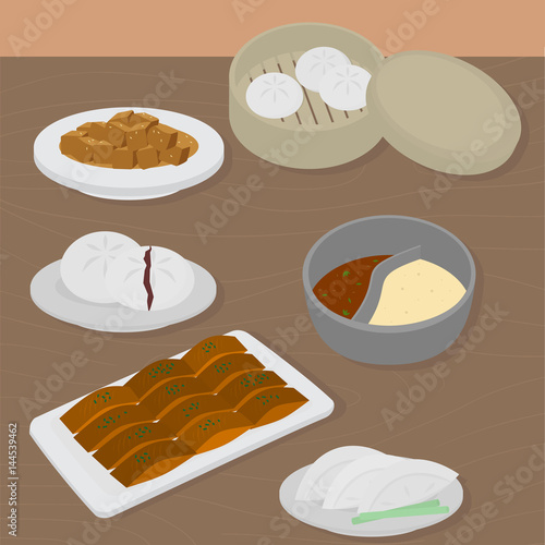 Set of chinese food flat design elements. Asian street food menu. Traditional dish Peking duck, soup huo guo, pork and tofu. Dumplings jiaozi and baozi, noodles and bun