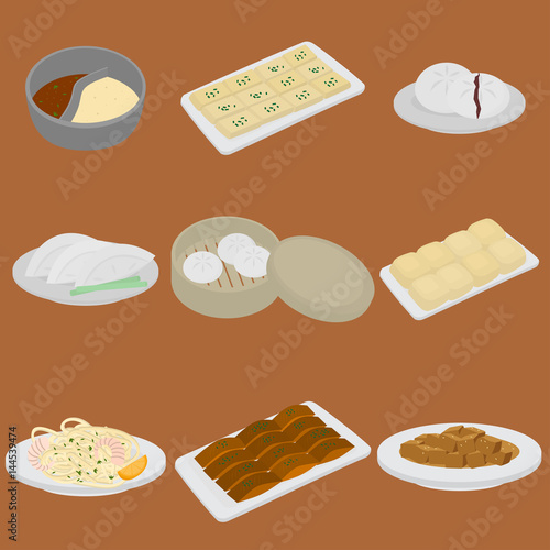 PrintSet of chinese food flat design elements. Asian street food menu. Traditional dish Peking duck, soup huo guo, pork and tofu. Dumplings jiaozi and baozi, noodles and bun.