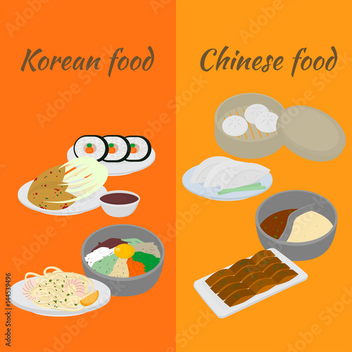 Set of korean and chinese food flat design elements. Asian street food menu. Traditional dish kimchi, dumplings, noodle and bibimbap. Peking duck, soup huo guo. Dumplings jiaozi and baozi.