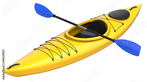 Fényképezés Yellow plastic kayak with blue paddle