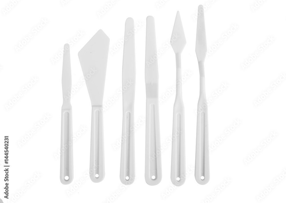 set painting tools metal spatula and brush isolated on white set painting tools metal spatula and brush isolated on white