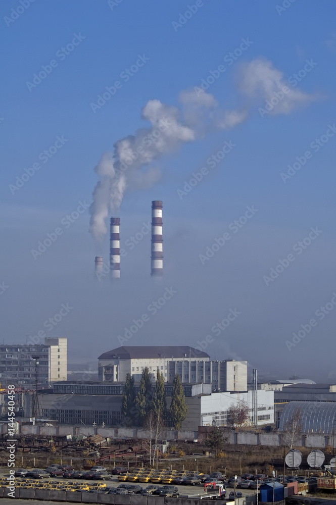 Tyumen, Russia - October 16, 2005: City Energy and Warm Power Factory in fog
