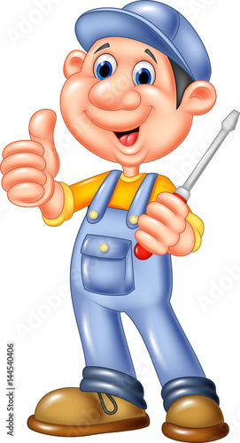 Cute mechanic cartoon holding a screwdriver and giving thumbs up