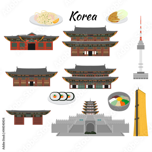 South Korea country design flat cartoon elements. Travel landmark, Seoul tourism place. World vacation travel city sightseeing Asia building collection. Asian architecture isolated. Street food menu.