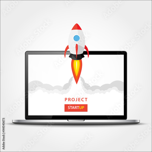 Launching app project on laptop desktop concept. Rocket fly out of monitor. Start up, business idea isolated on white. Vector Illustration EPS 10.