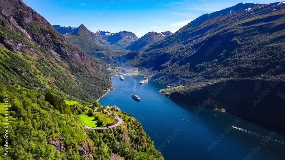Geiranger fjord, Beautiful Nature Norway Aerial footage.