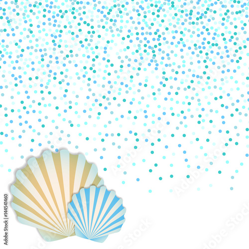 A beautiful poster with a seashell on a background of confetti. Template for summer flyer  for advertising of tourist offers  souvenirs.