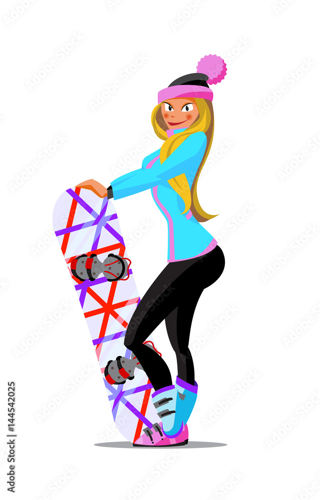 Vector illustration cartoon girl with snowboard isolated.