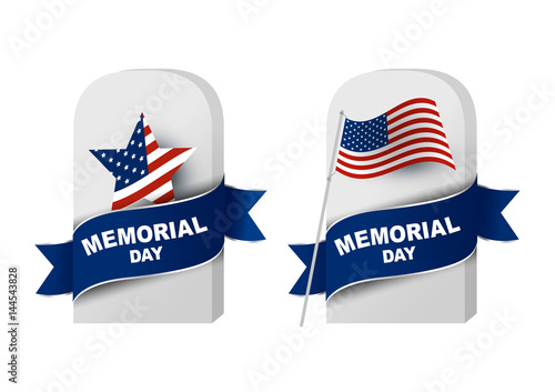 Memorial day concept of gravestone and American flag on white background