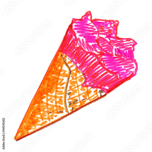 Pink ice-cream waffle sweet dessert sketch isolated