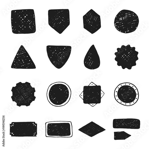 Set of vintage hand drawn vector shapes design elements, signs and symbols templates for your logotype, emblems, labels. Collection of simple doodles frames, isolated on white background.