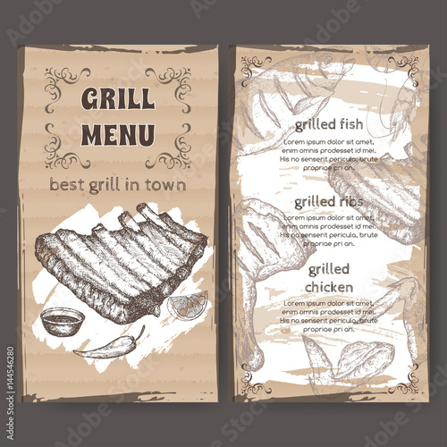 Vintage grill restaurant menu template with hand drawn sketch