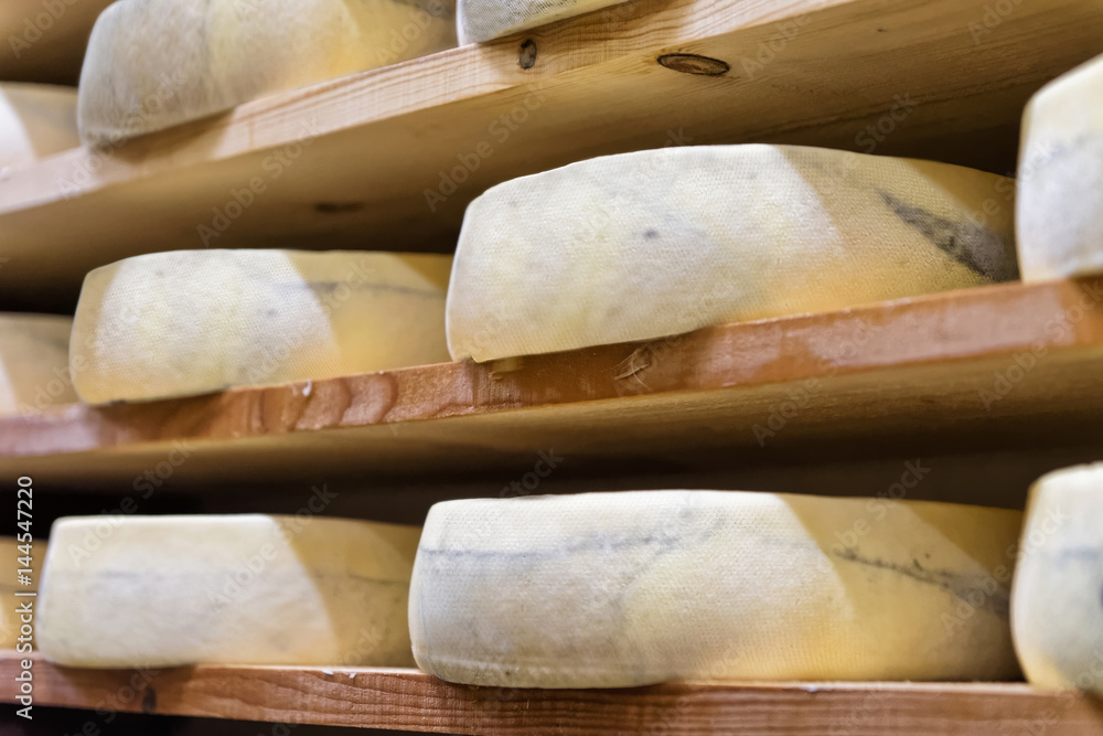 Stack of aging Cheese at maturing cellar Franche Comte creamery