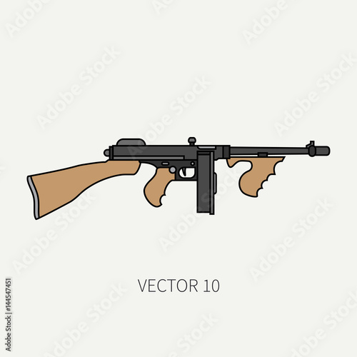 Line flat color vector military icon - machine gun. Army equipment and armament. Legendary retro weapon. Cartoon style. Assault. Soldiers. War. Illustration and element for your design and wallpaper.