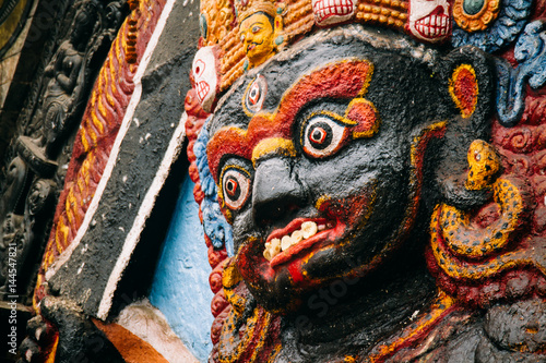 Closeup of the terrifyingly portrayed Bhairav in Durbar Square, Kathmandu.