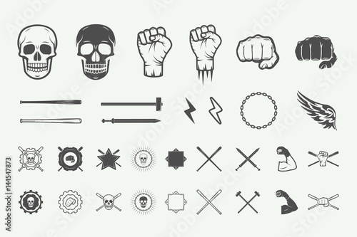 Set of vintage fighting or martial arts logo, emblem, badge, label and design elements in retro style. Vector illustration. Monochrome Graphic Art.