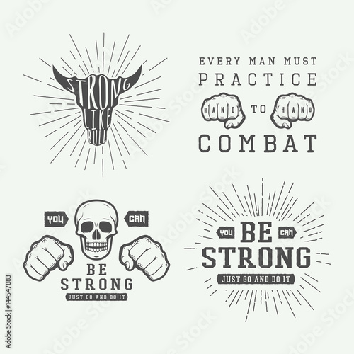 Set of vintage motivational and inspirational fighting poster in retro style. Monochrome graphic Art. Vector Illustration.