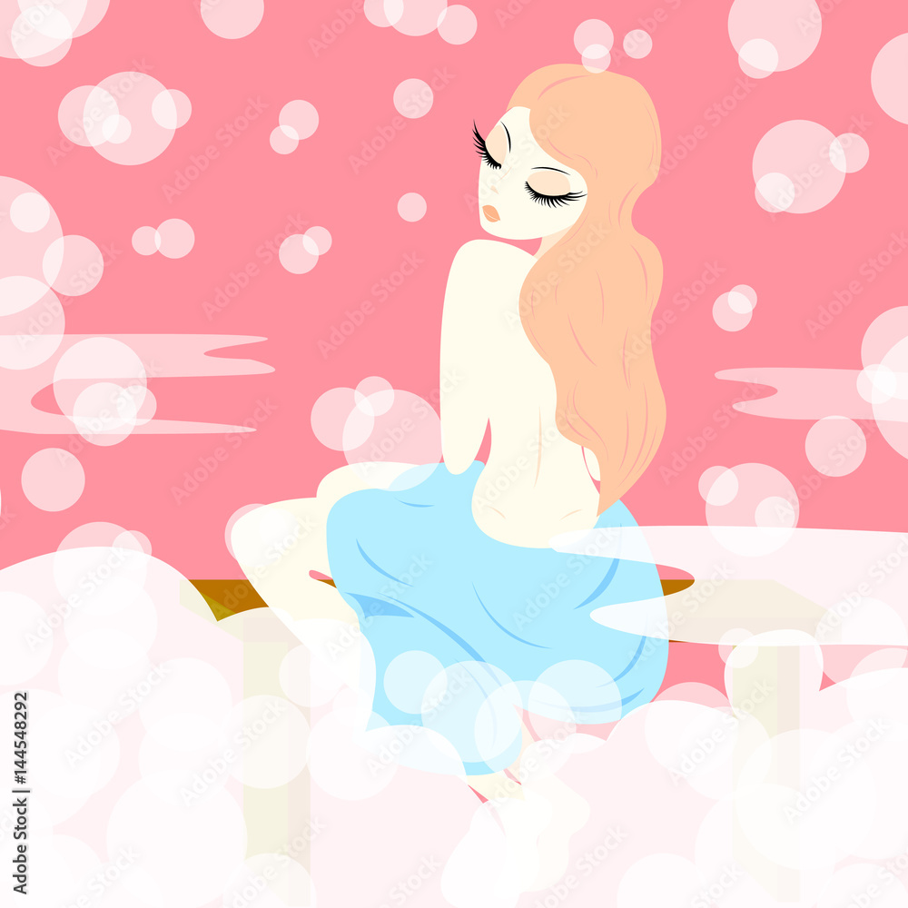 Nude girl in a blue towel sits on a bench in a foam, vector Nude girl in a blue towel sits on a bench in a foam, vector
