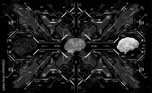 Conceptual Polygonal Brain with HUD elements. Background with futuristic user interface. Design concept with Head-up Display elements.