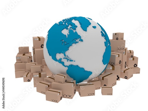 world delivery, illustration of globe icon and box arround. 3d render photo