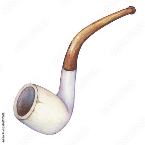 Illustration of old tobacco pipe. Hand drawn watercolor painting on white background. photo