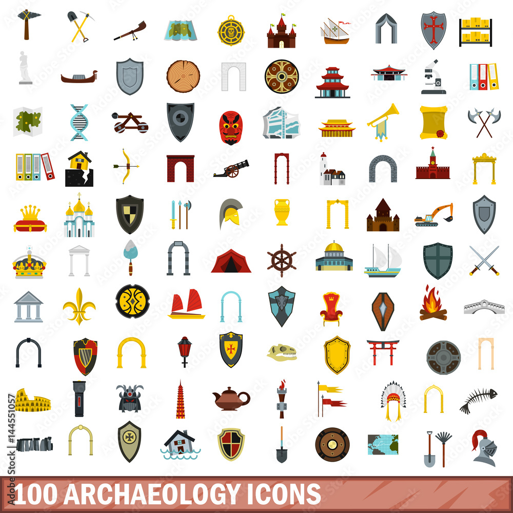 100 archaeology icons set, flat style 100 archaeology icons set, flat style
