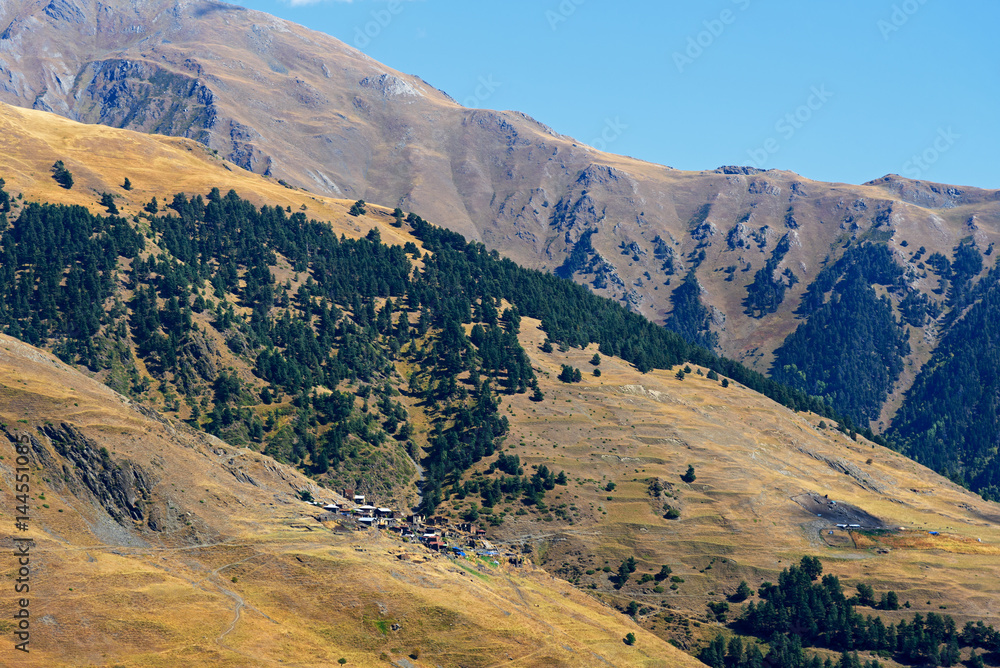 View of village on Mountains in Tusheti Nature Reserve. Georgia