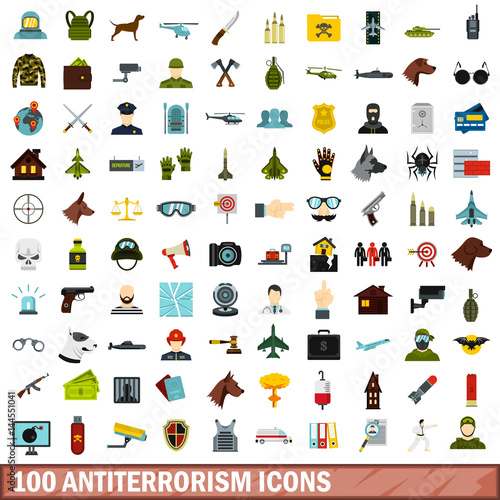 100 antiterrorism icons set, flat style
