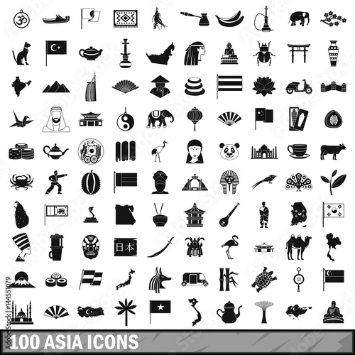100 Asia icons set, simple style 