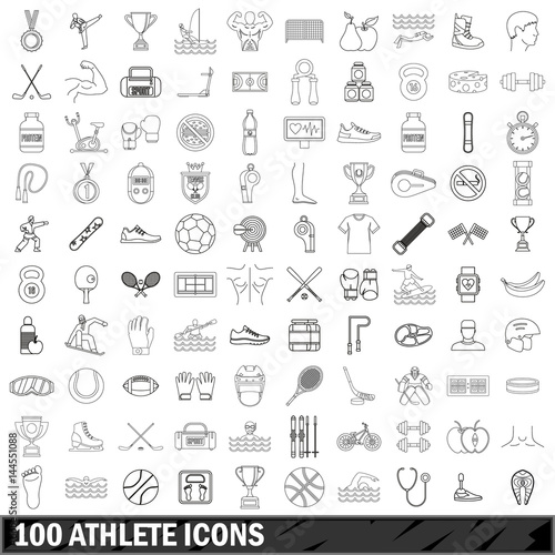 100 athlete icons set, outline style