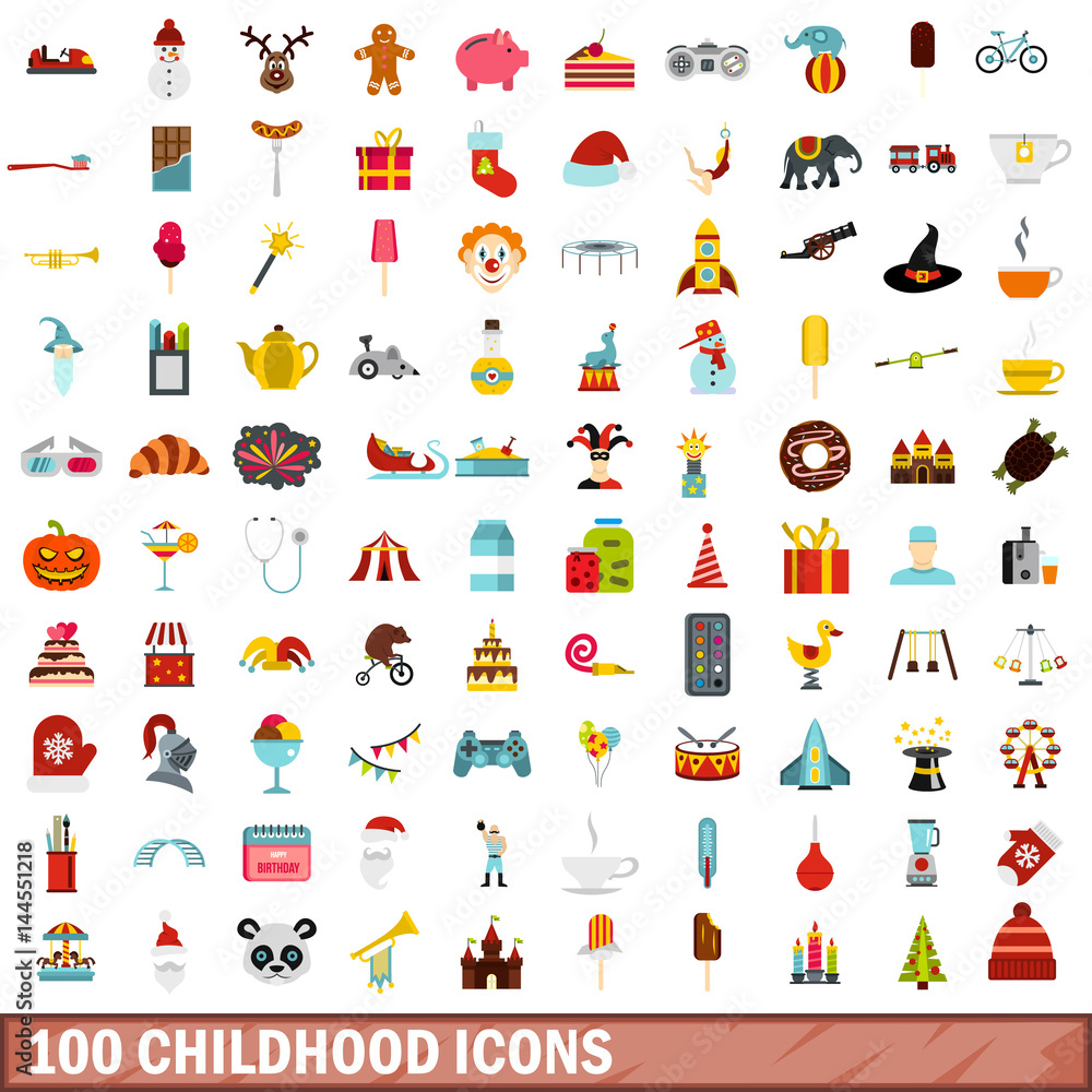 100 childhood icons set, flat style 100 childhood icons set, flat style