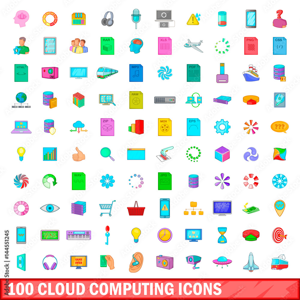 100 cloud computing icons set, cartoon style 100 cloud computing icons set, cartoon style