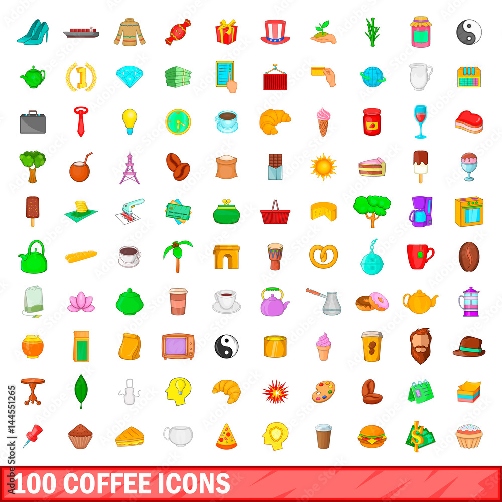 100 coffee icons set, cartoon style 100 coffee icons set, cartoon style