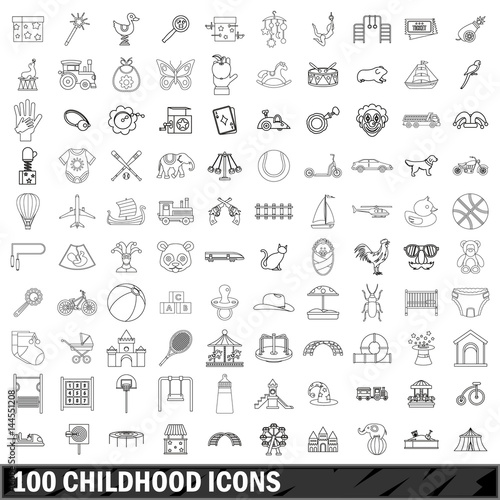 100 childhood icons set, outline style
